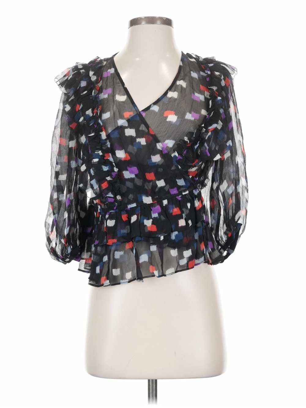 Joie Black Silk Abstract Squares Wrap Blouse - Picture 1 of 12